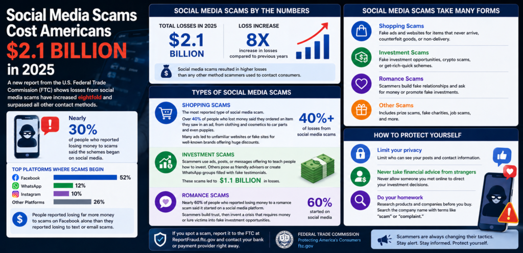 Consumers lost $2.1B to social media scams in 2025, FTC reports